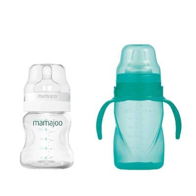 Mamajoo Silber Babyflasche 150 ml & Auslaufsichere Trink-Lernbecher Grün 270ml mit Griff & Anti-Kolik Weicher Schnabel