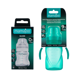 Mamajoo Silber Babyflasche 150 ml & Auslaufsichere Trink-Lernbecher Grün 270ml mit Griff & Anti-Kolik Weicher Schnabel - Thumbnail