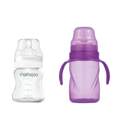 Mamajoo Silber Babyflasche 150 ml & Auslaufsichere Trink-Lernbecher Lila 270ml mit Griff & Anti-Kolik Weicher Schnabel