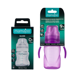 Mamajoo Silber Babyflasche 150 ml & Auslaufsichere Trink-Lernbecher Lila 270ml mit Griff & Anti-Kolik Weicher Schnabel - Thumbnail