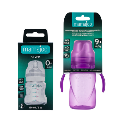 Mamajoo Silber Babyflasche 150 ml & Auslaufsichere Trink-Lernbecher Lila 270ml mit Griff & Anti-Kolik Weicher Schnabel