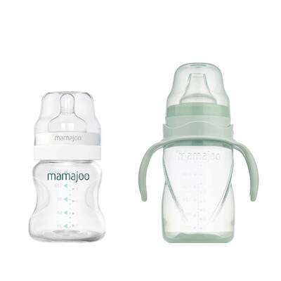 Mamajoo Silber Babyflasche 150 ml & Auslaufsichere Trink-Lernbecher Pudergrün 270ml mit Griff & Anti-Kolik Weicher Schnabel