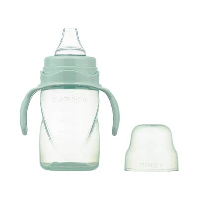 Mamajoo Silber Babyflasche 150 ml & Auslaufsichere Trink-Lernbecher Pudergrün 270ml mit Griff & Anti-Kolik Weicher Schnabel