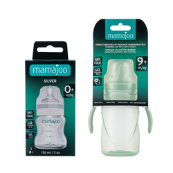 Mamajoo Silber Babyflasche 150 ml & Auslaufsichere Trink-Lernbecher Pudergrün 270ml mit Griff & Anti-Kolik Weicher Schnabel - Thumbnail