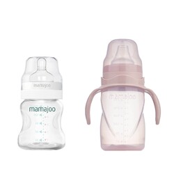 Mamajoo - Mamajoo Silber Babyflasche 150 ml & Auslaufsichere Trink-Lernbecher Puderrosa 270ml mit Griff & Anti-Kolik Weicher Schnabel