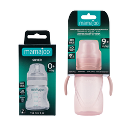 Mamajoo Silber Babyflasche 150 ml & Auslaufsichere Trink-Lernbecher Puderrosa 270ml mit Griff & Anti-Kolik Weicher Schnabel - Thumbnail