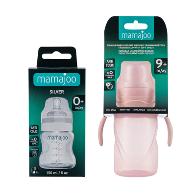 Mamajoo Silber Babyflasche 150 ml & Auslaufsichere Trink-Lernbecher Puderrosa 270ml mit Griff & Anti-Kolik Weicher Schnabel