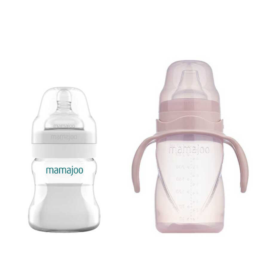 Mamajoo Silber Babyflasche 150 ml & Auslaufsichere Trink-Lernbecher Puderrosa 270ml mit Griff & Anti-Kolik Weicher Schnabel - Mamajoo