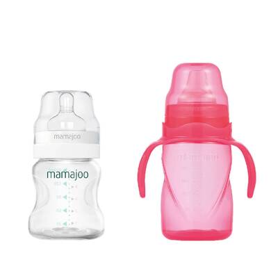Mamajoo Silber Babyflasche 150 ml & Auslaufsichere Trink-Lernbecher Rosa 270ml mit Griff & Anti-Kolik Weicher Schnabel 