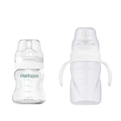 Mamajoo - Mamajoo Silber Babyflasche 150 ml & Auslaufsichere Trink-Lernbecher Transparent 270ml mit Griff & Anti-Kolik Weicher Schnabel