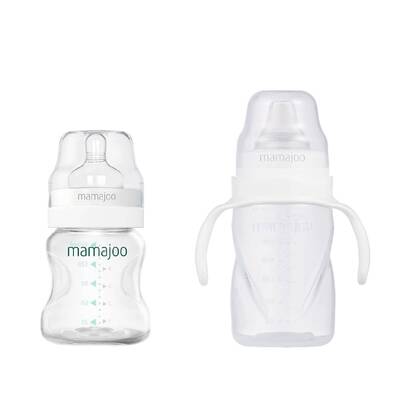 Mamajoo Silber Babyflasche 150 ml & Auslaufsichere Trink-Lernbecher Transparent 270ml mit Griff & Anti-Kolik Weicher Schnabel