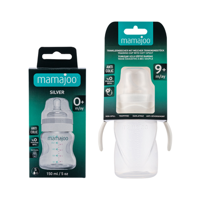 Mamajoo Silber Babyflasche 150 ml & Auslaufsichere Trink-Lernbecher Transparent 270ml mit Griff & Anti-Kolik Weicher Schnabel
