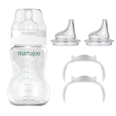 Mamajoo Silber Babyflasche 250 ml & 2 x Anti-Kolik Weicher Schnabel & Aufbewahrungsbox & 2 x Trink-Lernbecher / Babyflasche Griff 