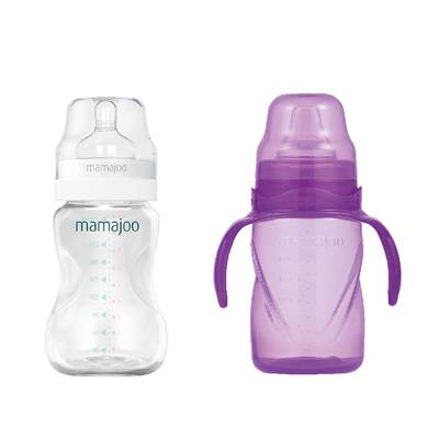Mamajoo Silber Babyflasche 250 ml & Auslaufsichere Trink-Lernbecher Lila 270ml mit Griff & Anti-Kolik Weicher Schnabel
