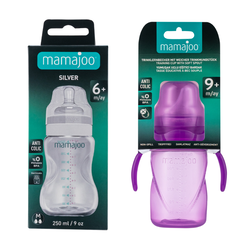 Mamajoo Silber Babyflasche 250 ml & Auslaufsichere Trink-Lernbecher Lila 270ml mit Griff & Anti-Kolik Weicher Schnabel - Thumbnail