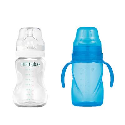 Mamajoo Silber Babyflasche 250 ml & Auslaufsichere Trink-Lernbecher Blau 270ml mit Griff & Anti-Kolik Weicher Schnabel