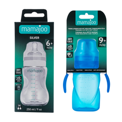 Mamajoo Silber Babyflasche 250 ml & Auslaufsichere Trink-Lernbecher Blau 270ml mit Griff & Anti-Kolik Weicher Schnabel - Thumbnail