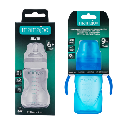 Mamajoo Silber Babyflasche 250 ml & Auslaufsichere Trink-Lernbecher Blau 270ml mit Griff & Anti-Kolik Weicher Schnabel