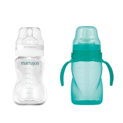 Mamajoo Silber Babyflasche 250 ml & Auslaufsichere Trink-Lernbecher Grün 270ml mit Griff & Anti-Kolik Weicher Schnabel