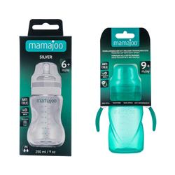 Mamajoo Silber Babyflasche 250 ml & Auslaufsichere Trink-Lernbecher Grün 270ml mit Griff & Anti-Kolik Weicher Schnabel - Thumbnail