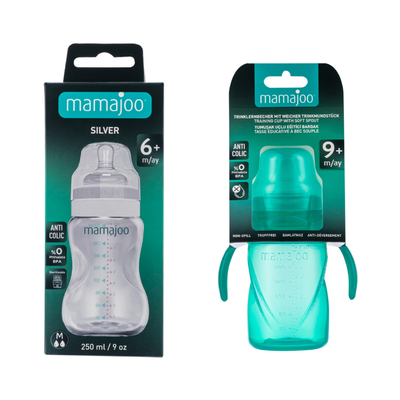 Mamajoo Silber Babyflasche 250 ml & Auslaufsichere Trink-Lernbecher Grün 270ml mit Griff & Anti-Kolik Weicher Schnabel