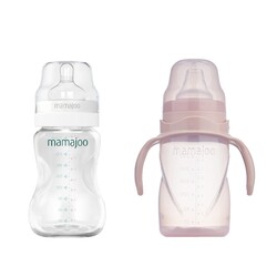 Mamajoo - Mamajoo Silber Babyflasche 250 ml & Auslaufsichere Trink-Lernbecher Puderrosa 270ml mit Griff & Anti-Kolik Weicher Schnabel