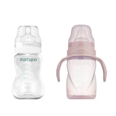 Mamajoo Silber Babyflasche 250 ml & Auslaufsichere Trink-Lernbecher Puderrosa 270ml mit Griff & Anti-Kolik Weicher Schnabel