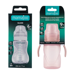 Mamajoo Silber Babyflasche 250 ml & Auslaufsichere Trink-Lernbecher Puderrosa 270ml mit Griff & Anti-Kolik Weicher Schnabel - Thumbnail