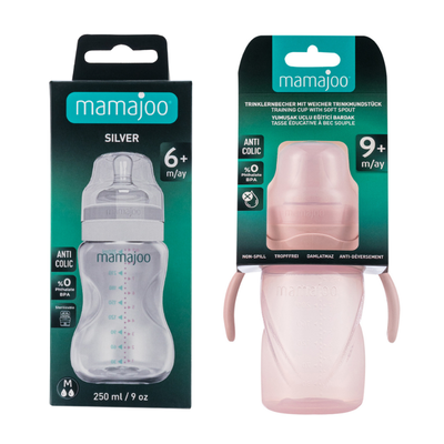 Mamajoo Silber Babyflasche 250 ml & Auslaufsichere Trink-Lernbecher Puderrosa 270ml mit Griff & Anti-Kolik Weicher Schnabel