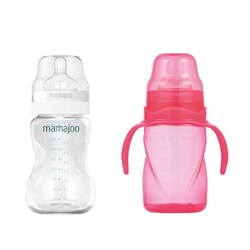 Mamajoo Silber Babyflasche 250 ml & Auslaufsichere Trink-Lernbecher Rosa 270ml mit Griff & Anti-Kolik Weicher Schnabel - Thumbnail