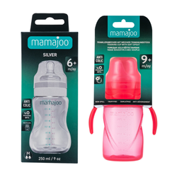 Mamajoo Silber Babyflasche 250 ml & Auslaufsichere Trink-Lernbecher Rosa 270ml mit Griff & Anti-Kolik Weicher Schnabel - Thumbnail