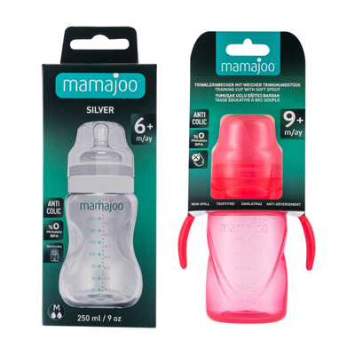 Mamajoo Silber Babyflasche 250 ml & Auslaufsichere Trink-Lernbecher Rosa 270ml mit Griff & Anti-Kolik Weicher Schnabel