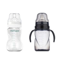  - Mamajoo Silber Babyflasche 250 ml & Auslaufsichere Trink-Lernbecher Schwarz 270ml mit Griff & Anti-Kolik Weicher Schnabel