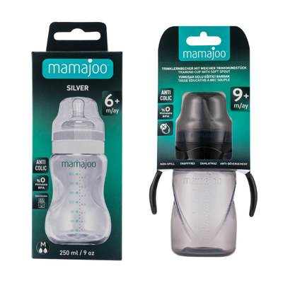 Mamajoo Silber Babyflasche 250 ml & Auslaufsichere Trink-Lernbecher Schwarz 270ml mit Griff & Anti-Kolik Weicher Schnabel