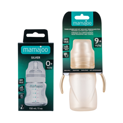 Mamajoo Silver Biberon 150 ml & Kulplu Eğitici Bardak 270 ml / Pearl