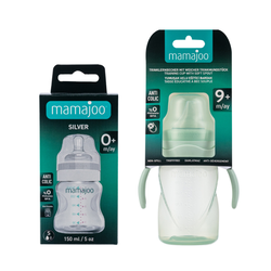 Mamajoo Silver Biberon 150 ml & Kulplu Eğitici Bardak 270 ml / Powder Green - Thumbnail