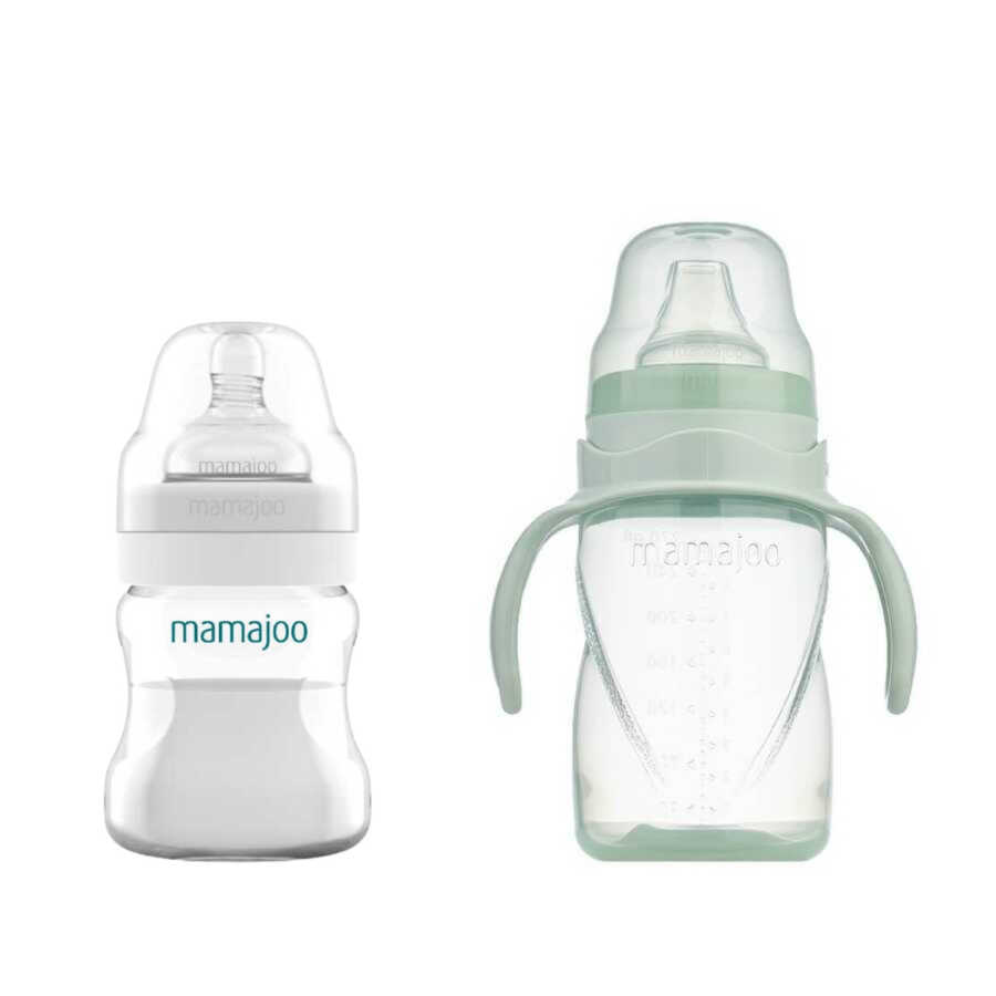 Mamajoo Antikolik Biberon 150 ml & Antikolik Akıtmaz Alıştırma Bardağı 270 ml – Powder Green - Mamajoo