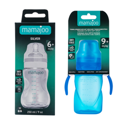 Mamajoo Silver Biberon 250ml & Kulplu Eğitici Bardak 270ml / Mavi - Thumbnail