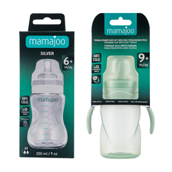 Mamajoo Silver Biberon 250ml & Kulplu Eğitici Bardak 270ml / Powder Green - Thumbnail