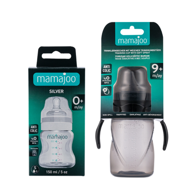 Mamajoo Silver Feeding Bottle 150ml & Non Spill Training Cup Black 270ml with Handle