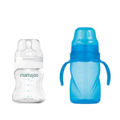 Mamajoo Silver Feeding Bottle 150ml & Non Spill Training Cup Blue 270 ml with Handle