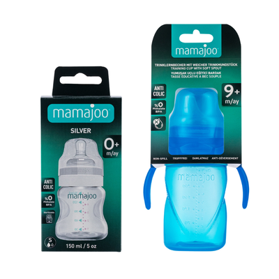 Mamajoo Silver Feeding Bottle 150ml & Non Spill Training Cup Blue 270 ml with Handle