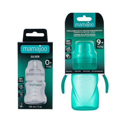 Mamajoo Silver Feeding Bottle 150ml & Non Spill Training Cup Green 270ml with Handle