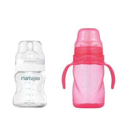 Mamajoo Silver Feeding Bottle 150ml & Non Spill Training Cup Pink 270 ml with Handle