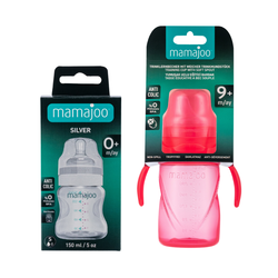 Mamajoo Silver Feeding Bottle 150ml & Non Spill Training Cup Pink 270 ml with Handle - Thumbnail