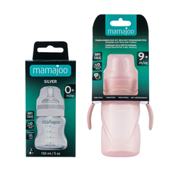 Mamajoo Silver Feeding Bottle 150ml & Non Spill Training Cup Powder Pink 270ml with Handle - Thumbnail