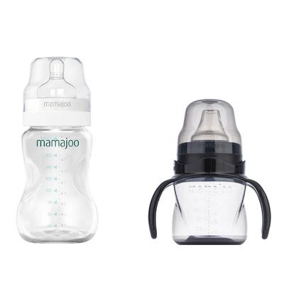 Mamajoo Silver Feeding Bottle 250ml & Non Spill Training Cup Black 160ml with Handle