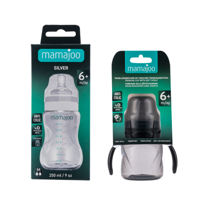 Mamajoo Silver Feeding Bottle 250ml & Non Spill Training Cup Black 160ml with Handle
