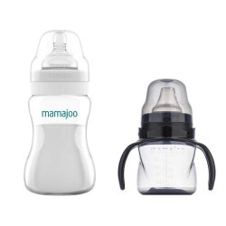 Mamajoo Silver Feeding Bottle 250ml & Non Spill Training Cup Black 160ml with Handle - 1