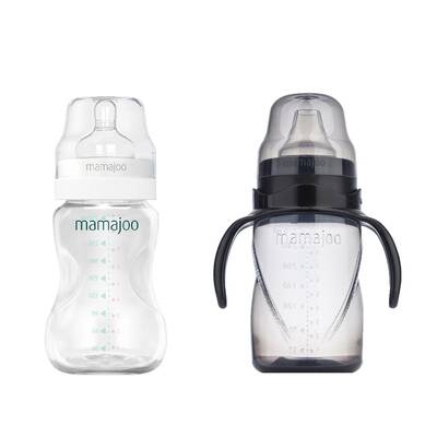 Mamajoo Silver Feeding Bottle 250ml & Non Spill Training Cup Black 270ml with Handle